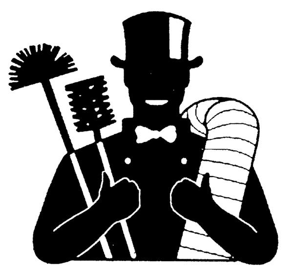 man in black top hat and white bow tie holding two chimney brushes in right hand and dryer vent pipe over left shoulder