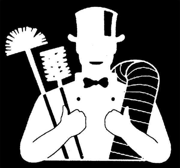 White figure wearing a top hat and holding two chimney brushes in right arm and dryer vent pipe in the other
